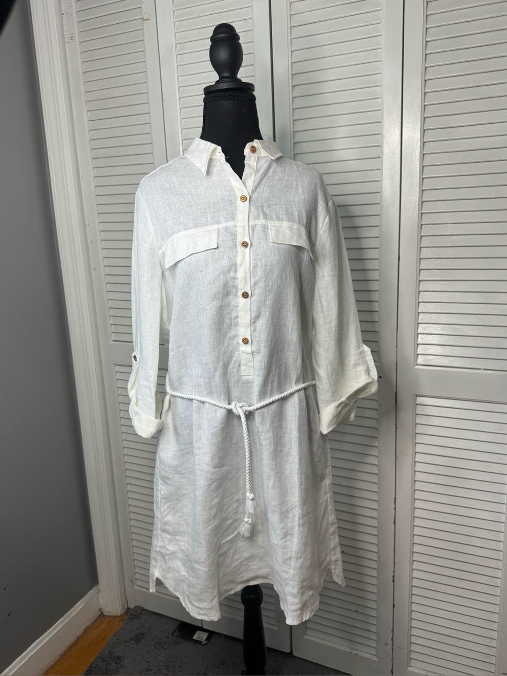 White Linen Button-Front Shirt Dress with Rope Tie Coastal  Grandmother Large